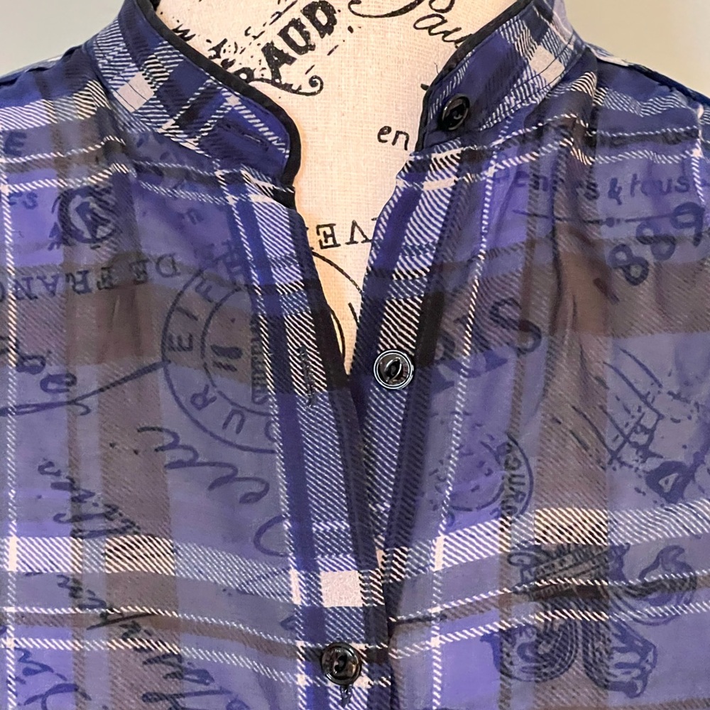 Rag & Bone Byron Button-Front Silk Sheer Chiffon Plaid Blue Black XXS Like New - Picture 7 of 11